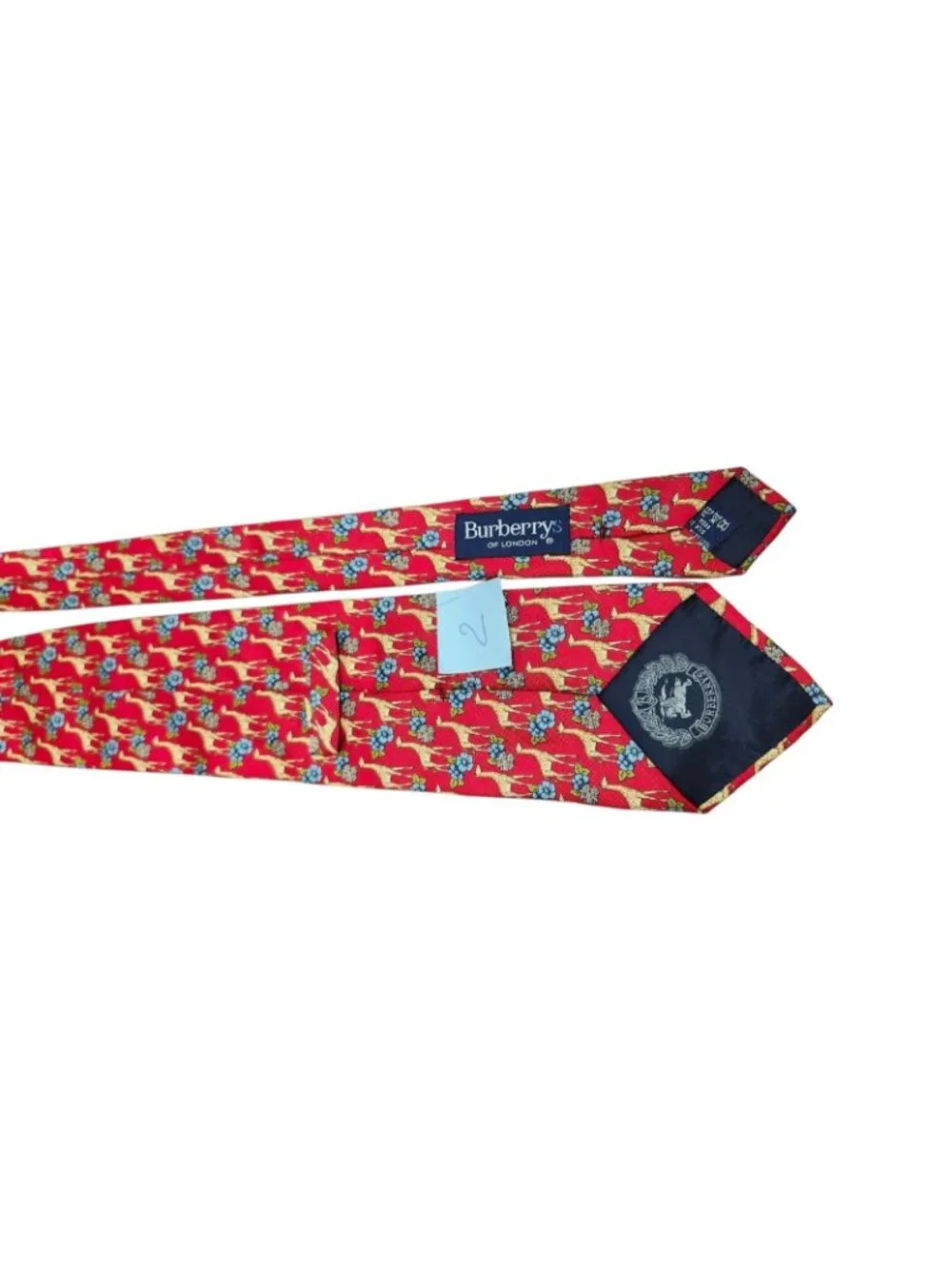Vintage Burberrys of London 100% Silk Red Giraffe Floral Animal Print Tie
